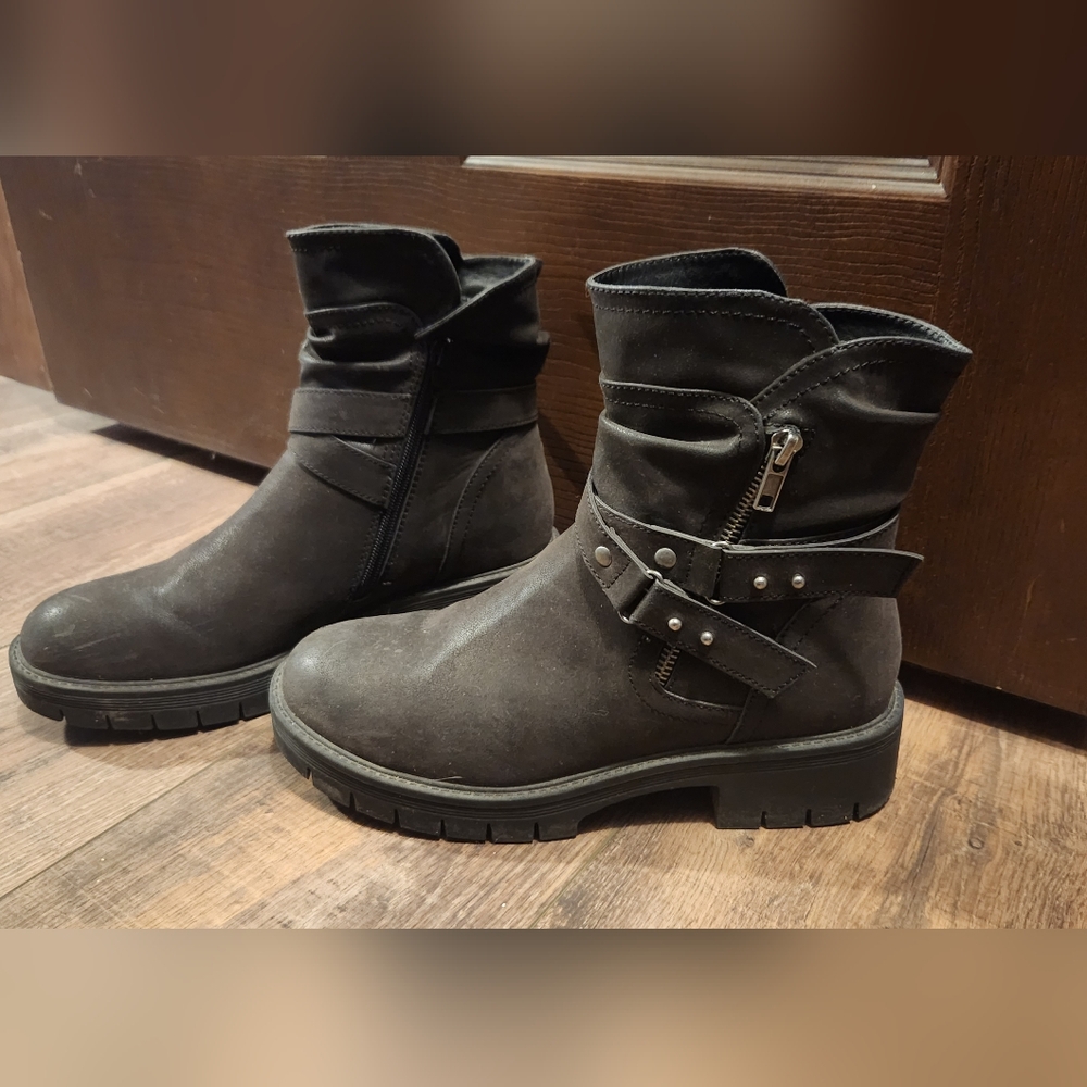 Maurices Gray Combat Boots with Zipper and Strap
